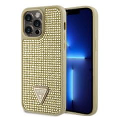 Guess Zadný kryt Rhinestones Triangle Metal Logo pre iPhone 15 Pro Max Gold