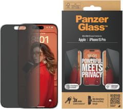 PanzerGlass ochranné sklo Privacy pro Apple iPhone 15Pro s instalačním rámečkem