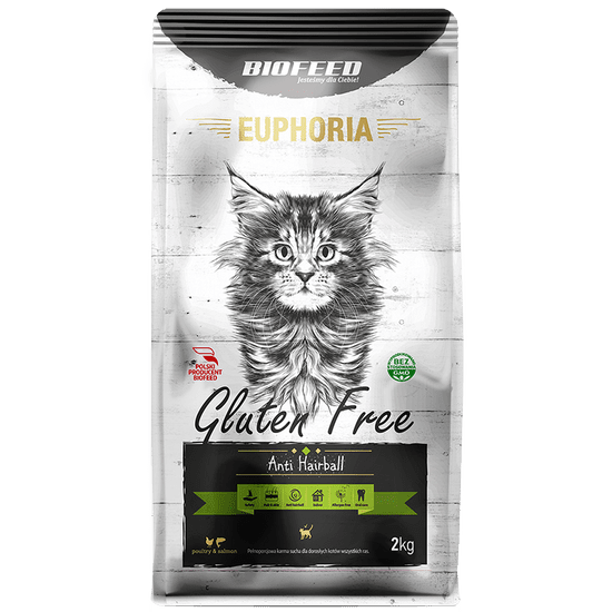 BIOFEED Euphoria Anti Hairball Bezlepkové Krmivo Pre Mačky S Hydinou A Lososom 2kg