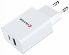 SWISSTEN Sieťový Adaptér GaN 1x USB-C + 1x USB 30W PD Biely