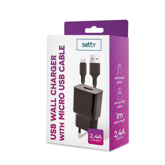 setty. nabíjačka 1x USB 2,4A čierna + microUSB kábel 1,0 m (GSM108851)