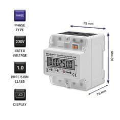 Qoltec Trojfázový elektronický merač | Merač spotreby energie na DIN lištu | 230V | LCD | 4P