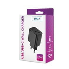 setty. sieťová nabíjačka 1x USB + USB-C 3A 20W čierna (GSM106082)