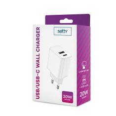 setty. sieťová nabíjačka 1x USB + USB-C 3A 20W biela (GSM106083)