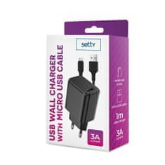 setty. sieťová nabíjačka 1x USB 3A čierna + microUSB kábel 1,0 m (GSM106086)