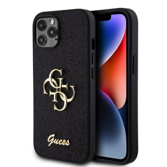 Guess  PU pevný zadný kryt s kovovým logom 4G a trblietkami pre iPhone 12 - 12 Pro Black