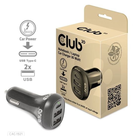 Club 3D Auto nabíjačka pre Notebooky 36 W, 3 porty (2xUSB-A + USB-C) CAC-1921