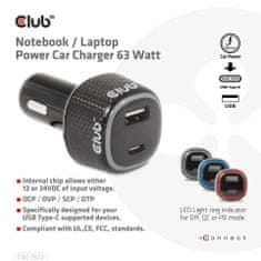 Club 3D Auto nabíjačka pre Notebooky 63W, 2 porty CAC-1922 (USB-A + USB-C)