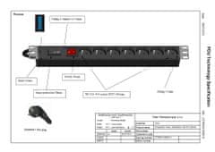 Triton Rozvodný panel 19“ 1U; 7 x zásuvka podľa STN, max. 16 A; kábel 3 x 1,5 mm, 2 m + zástrčka univerzál CZ-DE max.