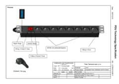 Triton Rozvodný panel 19“ 1U; 8 x zásuvka podľa DIN, max. 16 A; kábel 3 x 1,5 mm, 2 m + zástrčka univerzál CZ-DE, max.