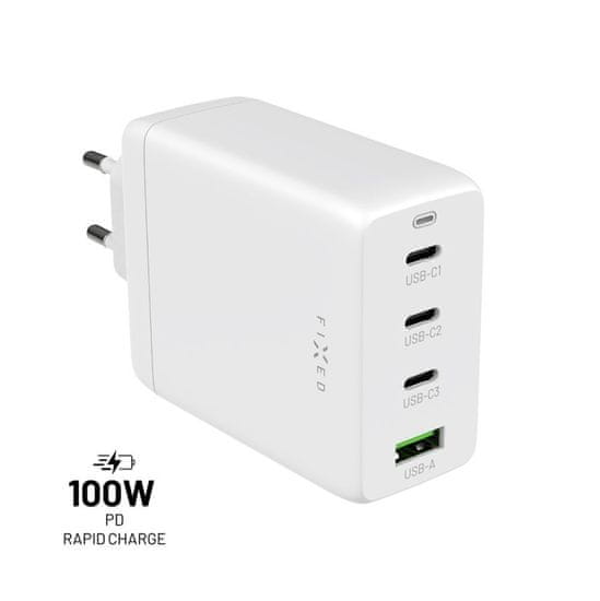 FIXED GaN nabíjačka s 3xUSB-C a USB výstupom, podpora PD 3.0, 100W FIXCG100-3CU-WH, biela