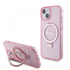 Guess Zadný kryt IML Ring Stand Glitter MagSafe pre iPhone 15 Pink