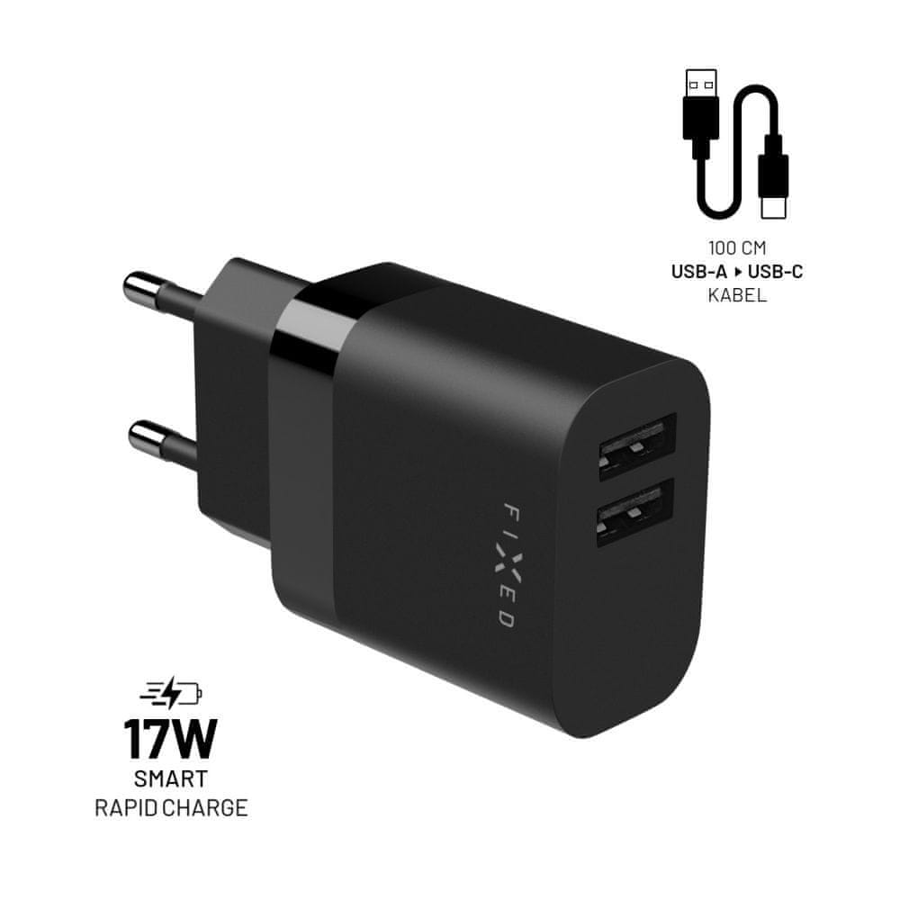 FIXED Súprava sieťovej nabíjačky s 2xUSB výstupom a USB/USB-C kábla, 1 meter, 17W Smart Rapid Charge, FIXC17N-2UC-BK čierna