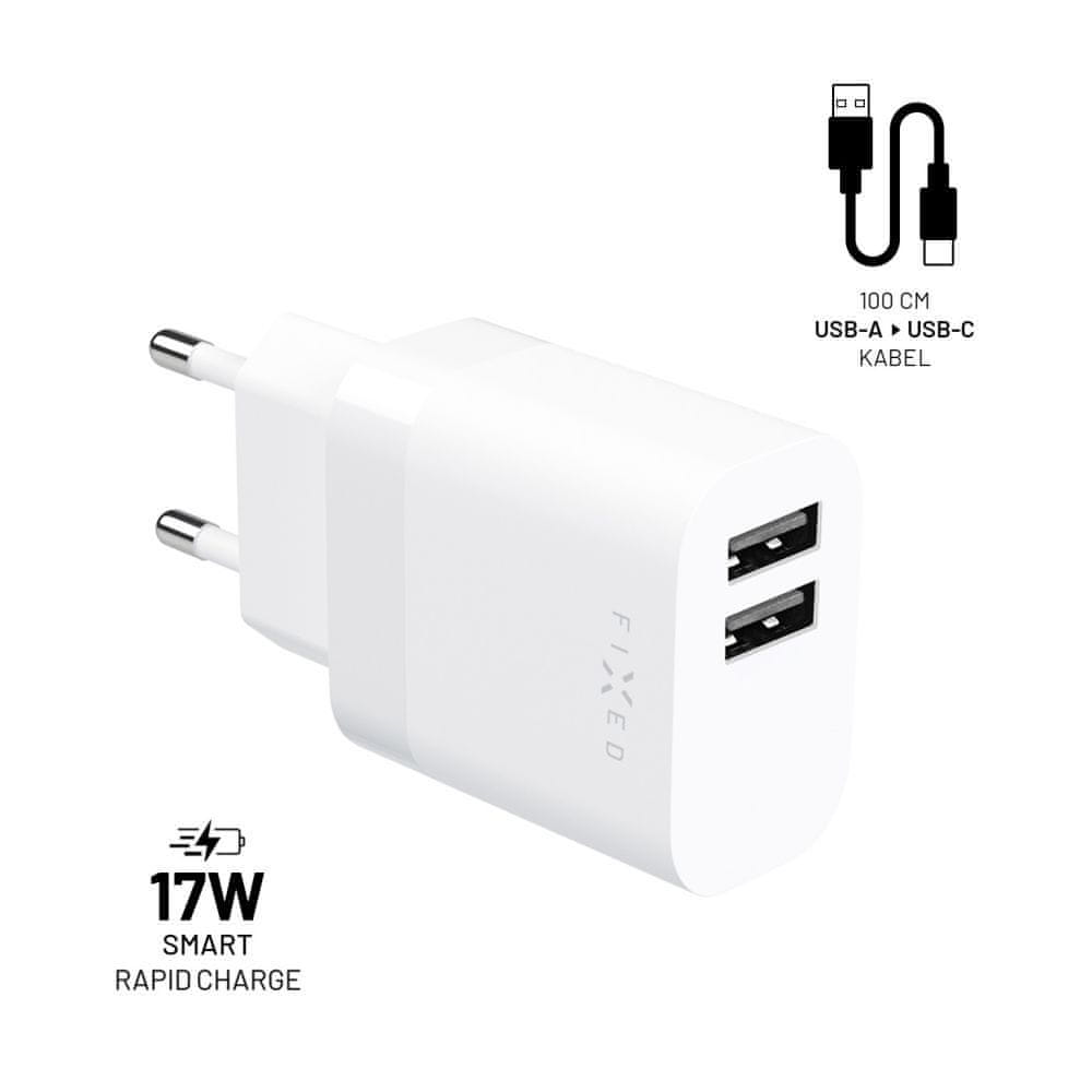 FIXED Set sieťovej nabíjačky s 2xUSB výstupom a USB/USB-C kábla, 1 m, 17W Smart Rapid Charge, FIXC17N-2UC-WH, biela