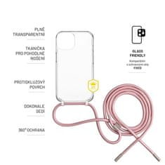 FIXED Kryt na mobil Pure Neck s růžovou šňůrkou na krk na Apple iPhone XR - průhledný