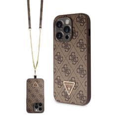 Guess Kryt na mobil 4G Strass Triangle Metal Logo + Crossbody Popruh na Apple iPhone 15 Pro Max - hnědý