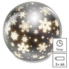 EMOS Vánoční dekorace DCLW28 LED vánoční skleněná koule – vločky, 12 cm, 3x AA, vnitřní, teplá bílá, časovač