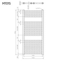 Mereo , Vykurovací rebrík 450x1330 mm, rovný, biely, stredové pripojenie, MER-MT02S