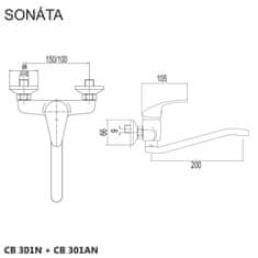 Mereo Mereo, Drezová nástenná batéria, Sonáta, s ramienkom plochým vyhnutým 200 mm, chróm, MER-CB301AN