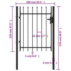 Vidaxl Jednokrídlová plotová brána s hrotmi, oceľ 1x1,2 m, čierna