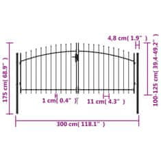 Vidaxl Dvojkrídlová plotová brána s hrotmi, oceľ 3x1,25 m, čierna