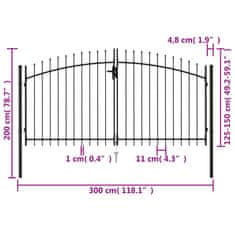 Vidaxl Dvojkrídlová plotová brána s hrotmi, oceľ 3x1,5 m, čierna