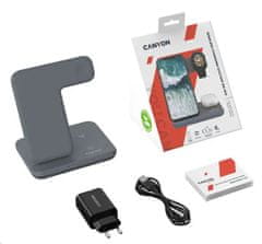 Canyon Bezdrôtová nabíjačka WS-303DG, 3v1, vstup 9V/2A, 12V/2A, výstup 15/10/7.5/5W, USB-C > USB-A, vr. AC adaptéra,sivá