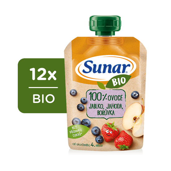 Sunar BIO ovocné vrecko jablko, jahoda, čučoriedka 12 x 100 g