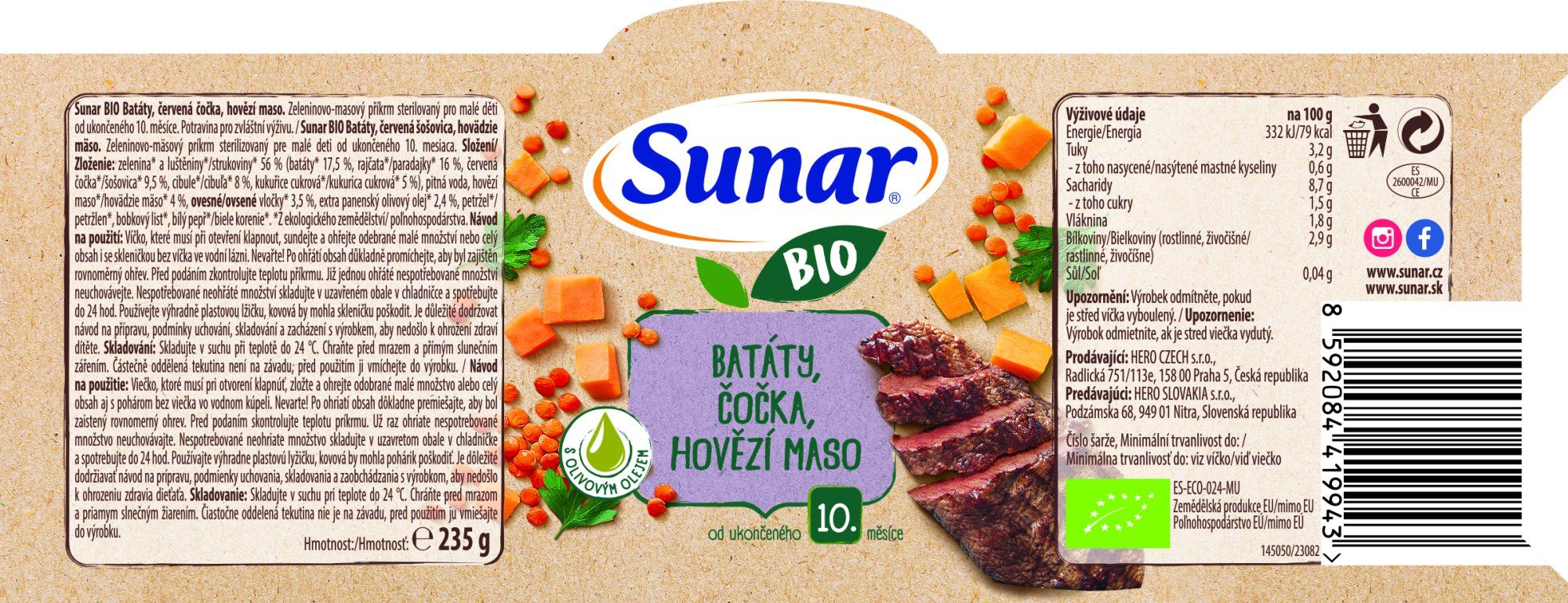 Sunar BIO príkrm batáty, hovädzie mäso, šošovica 6 x 235 g