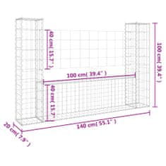 Vidaxl Železný gabiónový kôš v tvare U s 2 stĺpmi 140x20x100 cm