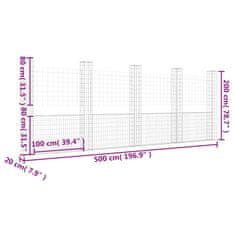 Vidaxl Železný gabiónový kôš v tvare U s 5 stĺpmi 500x20x200 cm