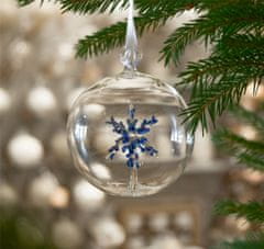 Decor By Glassor Vianočná guľa priehľadná s modrou vločkou