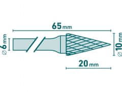 Extol Industrial Fréza karbidová, kónická-ihlan, pr.10x20mm/stopka 6mm,sek stredná (double-cut)