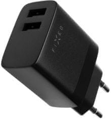 FIXED síťová nabíječka, 2xUSB-A, 17W Smart Rapid Charge, čierna + kábel USB-A - USB-C, 1m