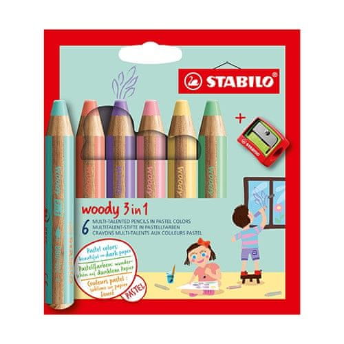 Stabilo farbičky Woody 3 v 1 Pastel - 6 ks sada so stúhadlom