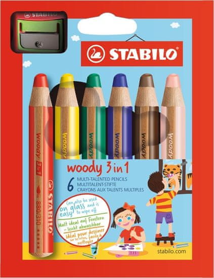 Stabilo farbičky Woody 3 v 1 - 6 ks sada so stúhadlom