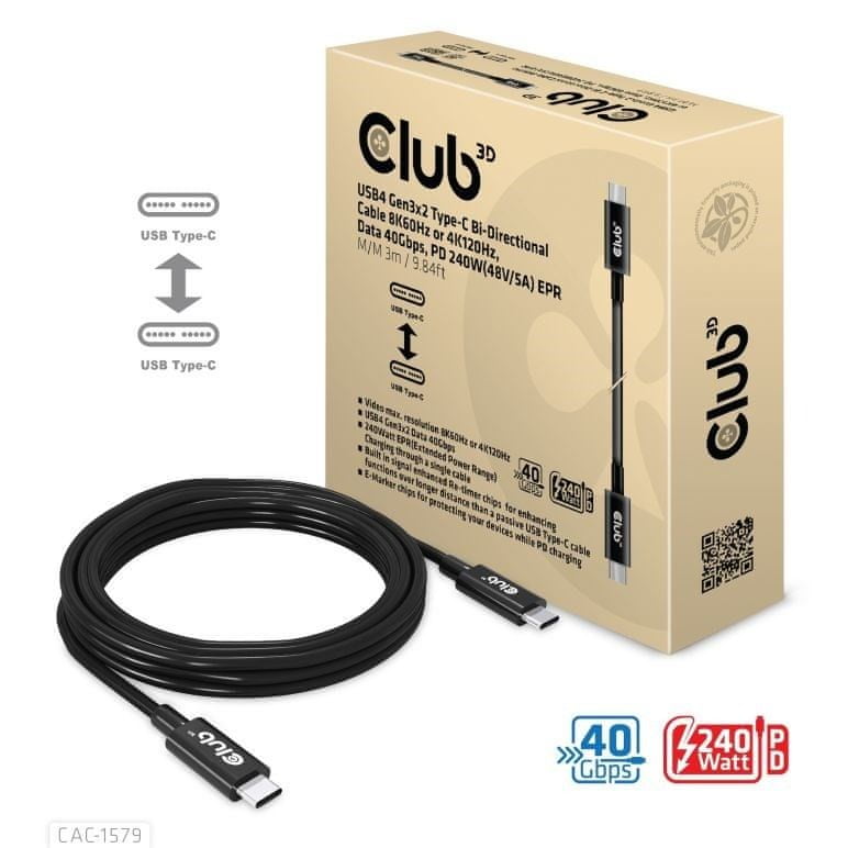 Club 3D Kábel USB4 Gen3x2 Typ C 8K60Hz UHD Power Delivery 240W, (M/M), 300cm (CAC-1579)