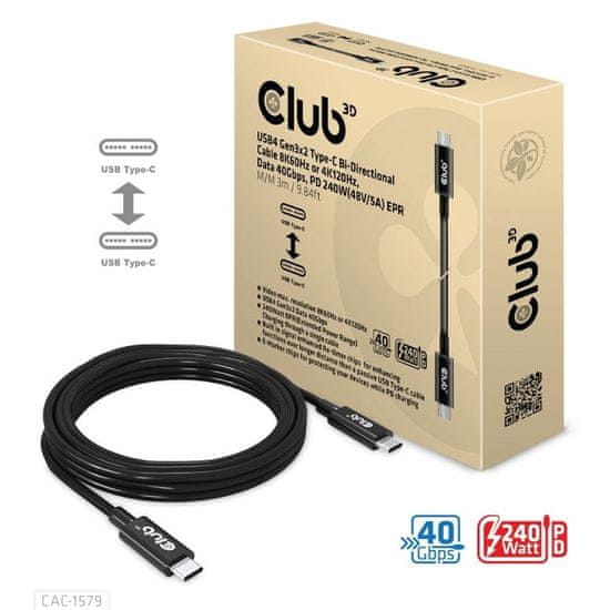 Club 3D Kábel USB4 Gen3x2 Typ C 8K60Hz UHD Power Delivery 240W, (M/M), 300cm (CAC-1579)