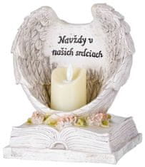 Strend Pro Dekorácia MagicHome, Anjelské krídla na knihe so sviečkou, 1xLED, polyresin, na hrob, 18x13,5x20 cm