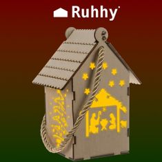 Ruhhy Vianočný závesný drevený domček s LED svetlom drevený