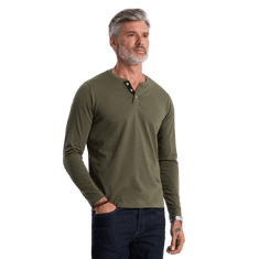 OMBRE Pánske tričko s dlhým rukávom a výstrihom HENLEY tmavo olivová MDN124083 M