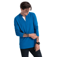 OMBRE Pánske tričko s dlhým rukávom a výstrihom HENLEY modré MDN124084 XXL