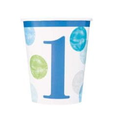 Párty poháriky 1.narodeniny - Happy birthday - modré s bodkami - 270 ml - 8 ks