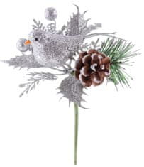 Vetvička MagicHome Vianoce, s vtáčikom, strieborná 17 cm (6 ks)