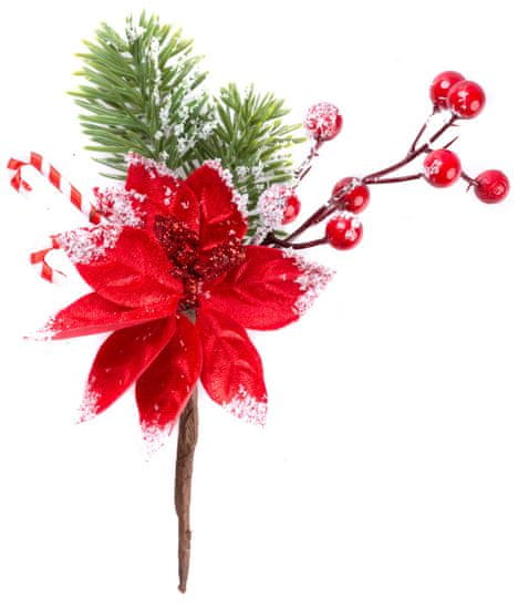 Vetvička MagicHome Vianoce, s kvetom a bobuľkami, zasnežená, 20 cm (6 ks)