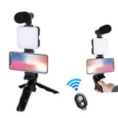 MG Phone Tripod držiak na mobil s LED osvetlením a mikrofónom, čierny