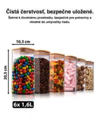 Deco Haus Sada 6 sklenených nádob na opakované použitie s bambusovým viečkom - vzduchotesné, vhodné do umývačky riadu a mikrovlnnej rúry - nádoba na sušienky, cestoviny, suché potraviny, obilniny 