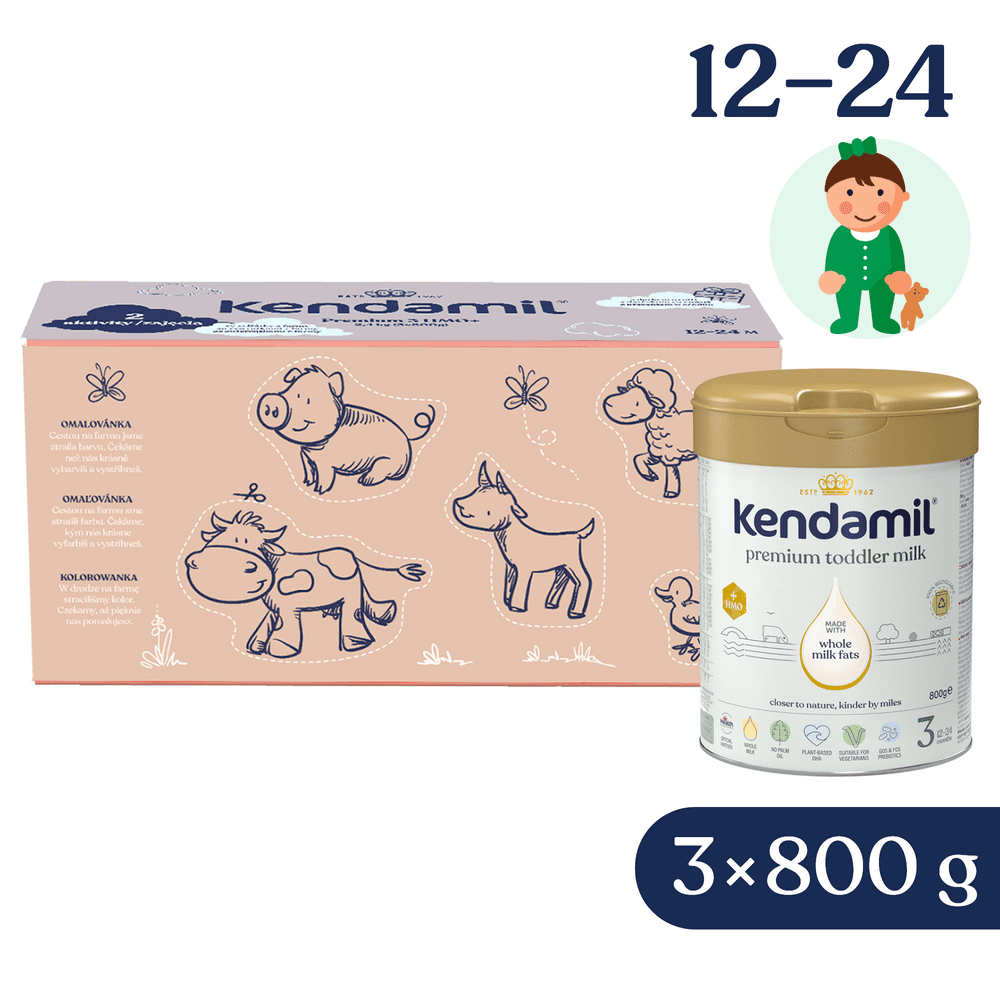 Kendamil Premium 3 HMO+ 2,4 kg (3 × 800 g), kreatívne balenie s darčekom