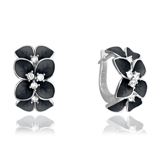 MINET Čierne kvetinové strieborné náušnice KVETY