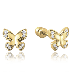 MINET Zlaté skrutkovacie náušnice motýľ s bielymi zirkónmi Au 585/1000 1,55g
